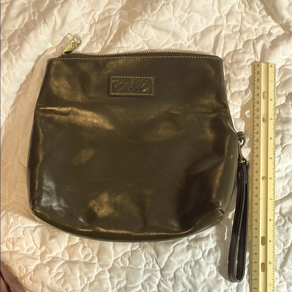 Leather Wristlet Clutch in Dark Olive Green